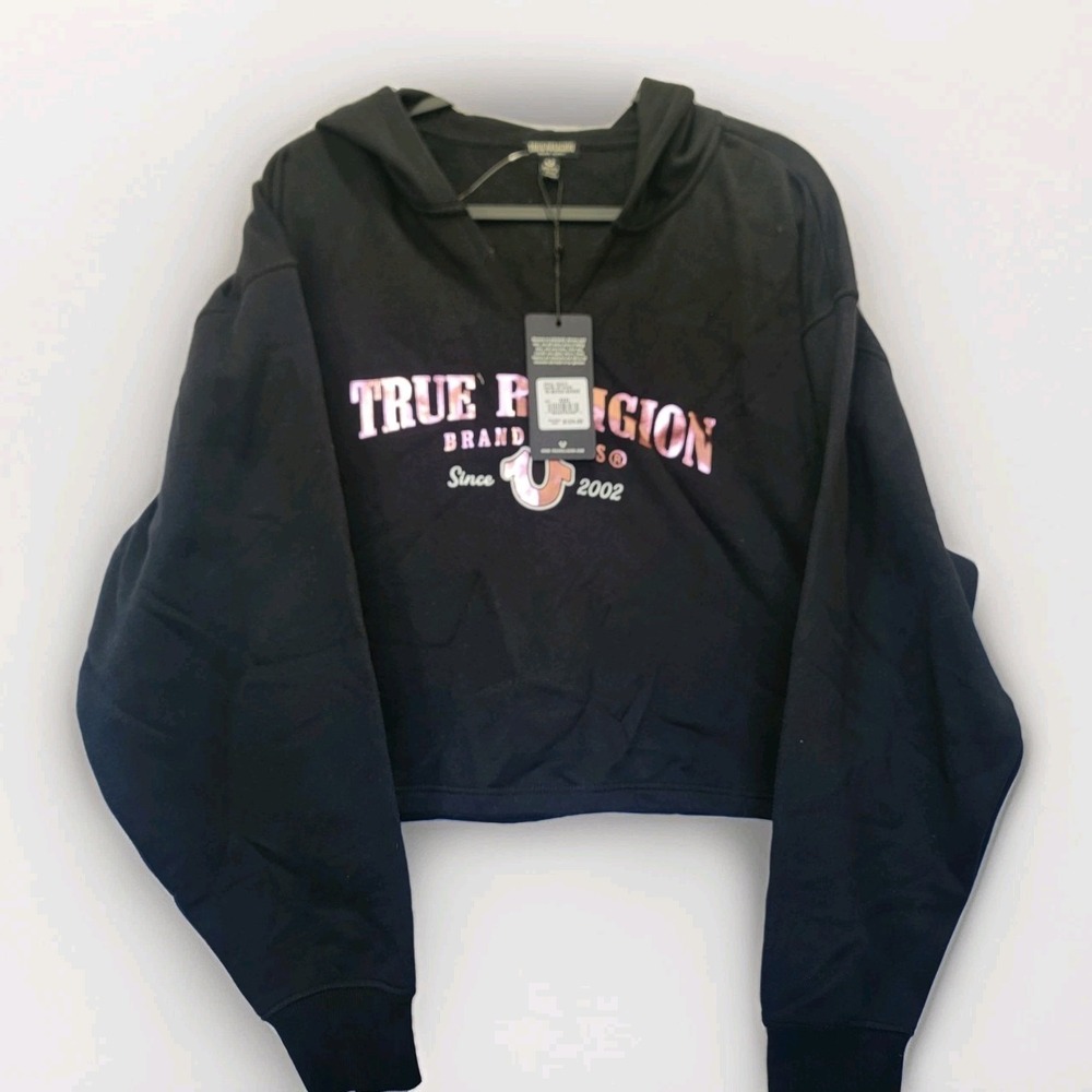 True Religion Cropped Notch Hoodie Black Metallic Rose Graphic Women XXXL $124
